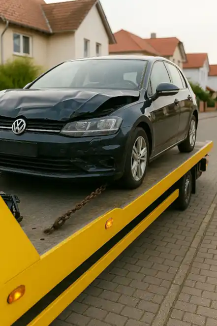 Defektes Fahrzeug wird für den Autoankauf in Baunatal abgeschleppt, um den Verkaufsprozess zu starten.